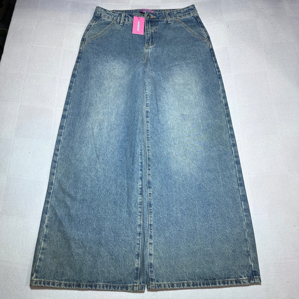 NEW Edikted Wide Leg Jeans Womens Medium High Waisted Relaxed Baggy Denim Blue